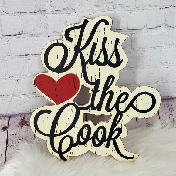 Hobby Lobby Kiss The Cook Chef Kitchen Tabletop Decor Hanging Wood 12"x16" - Picture 3 of 14